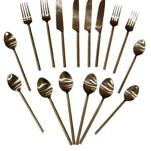 Flatware Set Gold Copper Tone and Silver Tubular Round Handle 4 Place Settings